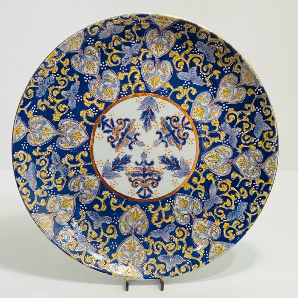 Vintage Hand Painted Blue Porcelain 12” Plate Gold Gilded Flora Designs